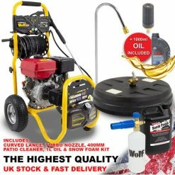 Formula Wolf 500 Petrol Pressure Washer, Curved Lance, Turbo Nozzle, Patio Cleaner, Oil & Snow Foam Kit